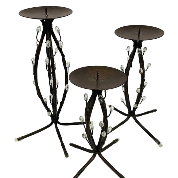 Trio Of Decorative Iron Candle Holders Metalware Brown Clear Teardrops Elements - Picture 1 of 11
